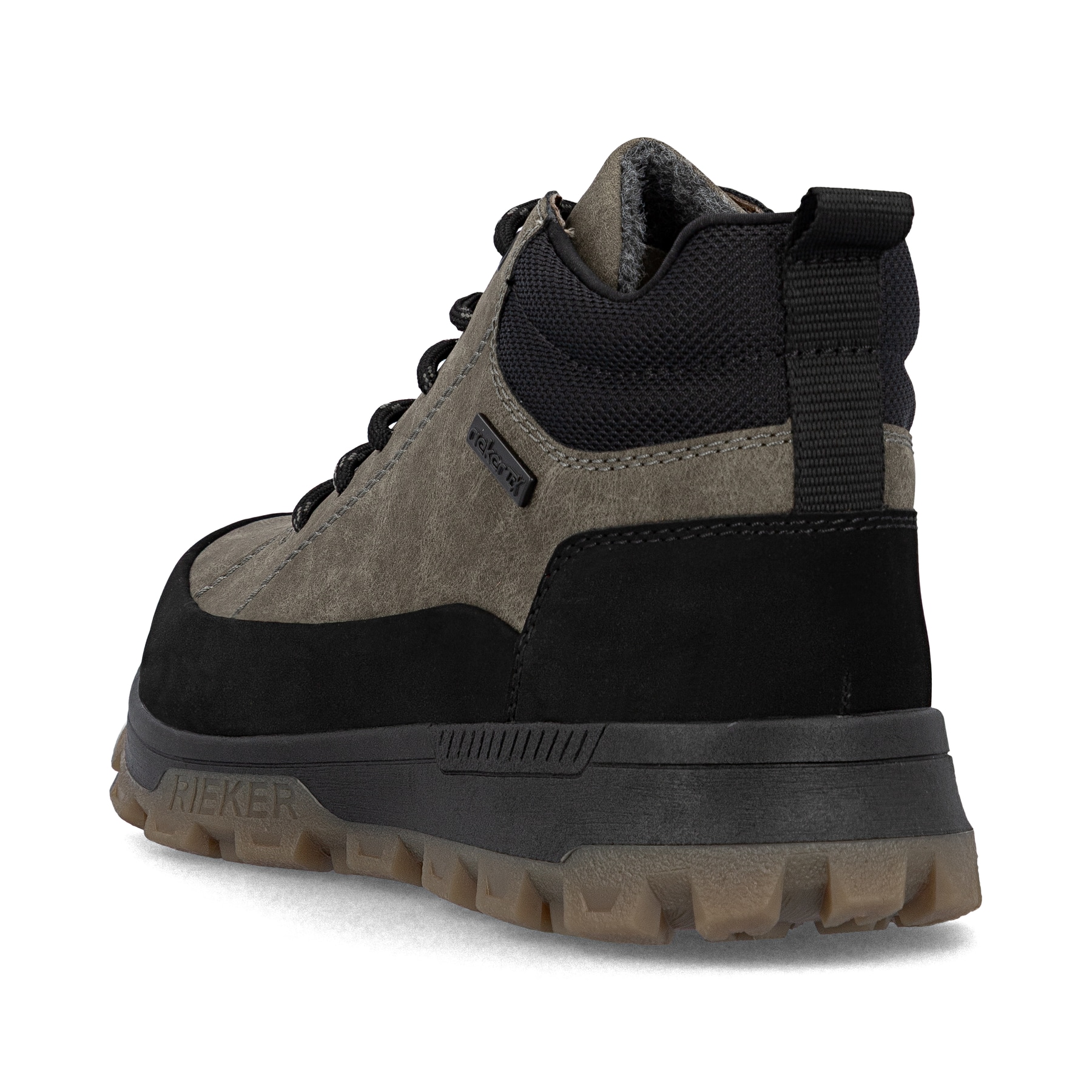 Grau-schwarze Rieker Herren Schnürstiefel 35508-25 mit modernen Ziernähten. Schuh von hinten.