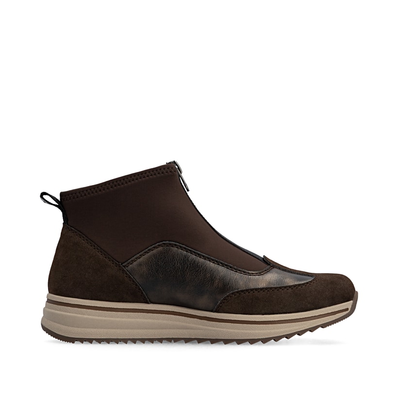 Braun-bronzefarbene Rieker Damen Kurzstiefel L5851-25 mit einem Reißverschluss. Schuh Innenseite.