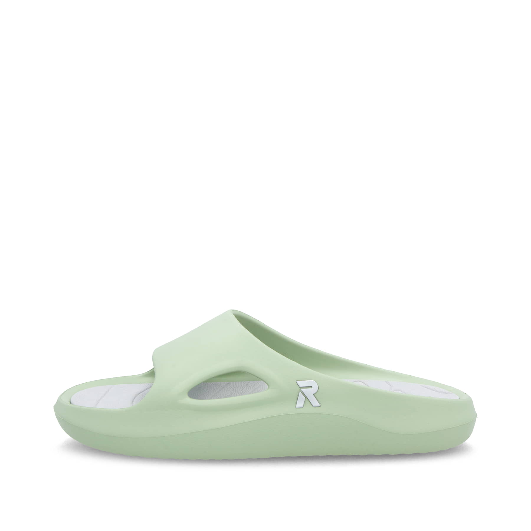 Grüne Rieker Damen Pantoletten W3450-52 mit flexibler und ultraleichter Sohle. Schuh Außenseite.