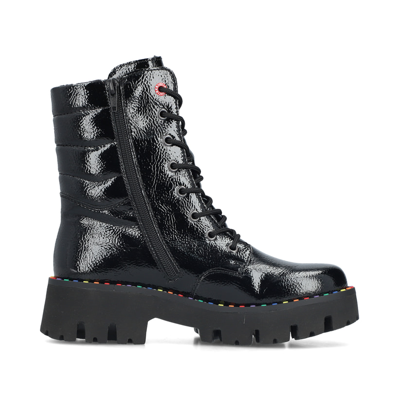 Schwarze Rieker Damen Schnürstiefel Y3330-00 mit einem Reißverschluss. Schuh Innenseite.