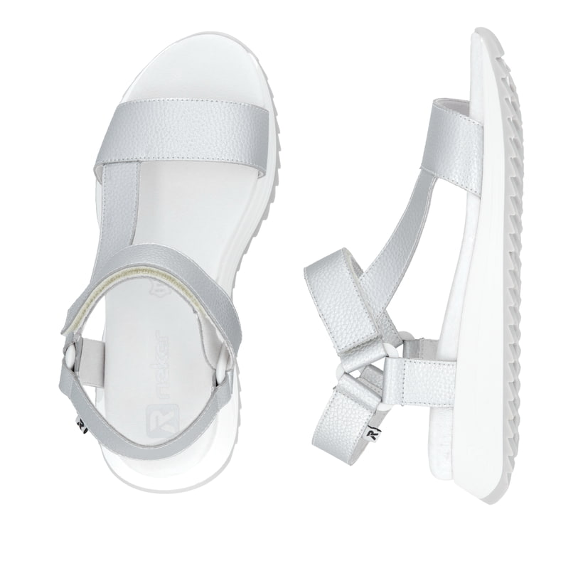 Silberne Rieker Damen Trekkingsandalen W2951-90 mit einem Klettverschluss. Schuh von oben, liegend.
