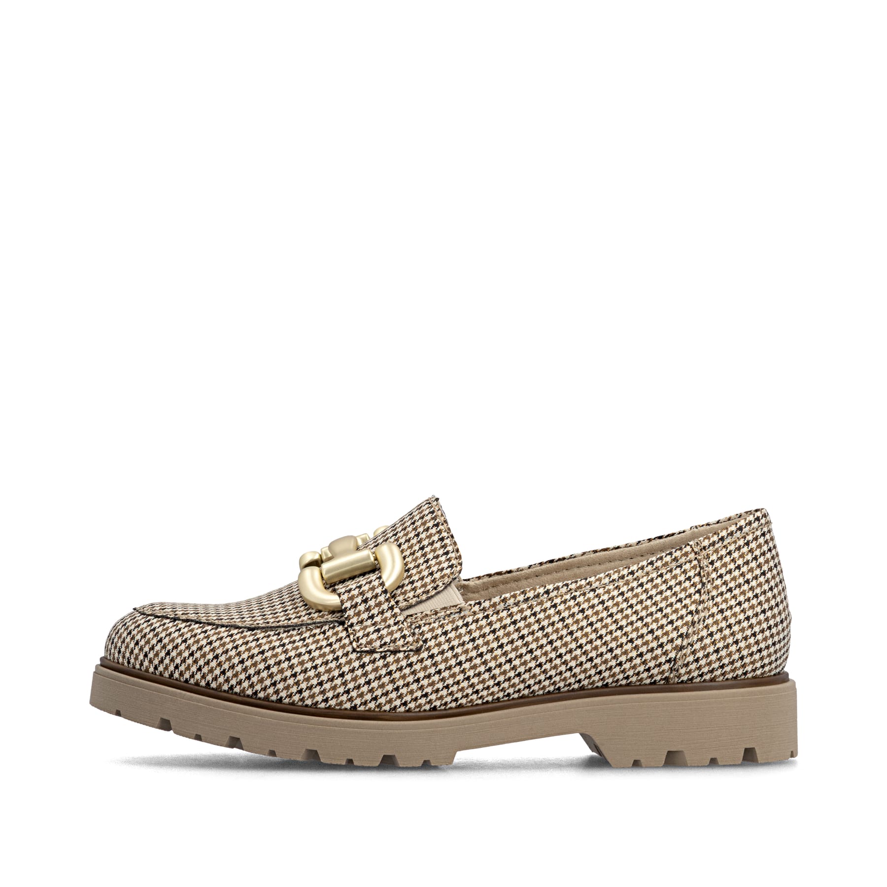 Mocassins Rieker beiges pour femmes 45561-60 avec éléments décoratifs. Côté extérieur de la chaussure.