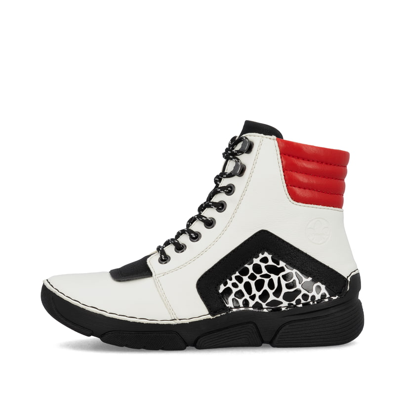 Weißschwarze Rieker Damen Schnürstiefel 45904-60 mit einem Reißverschluss. Schuh Außenseite.