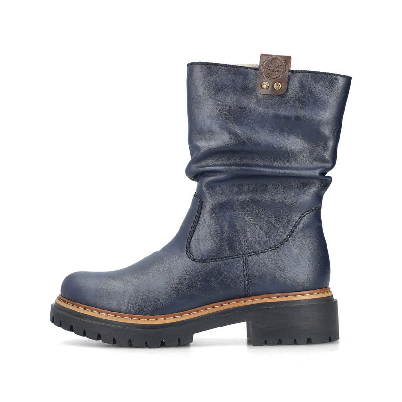 Dunkelblaue Rieker Damen Kurzstiefel 72684-14 mit gerafftem Schaft. Schuh Außenseite.