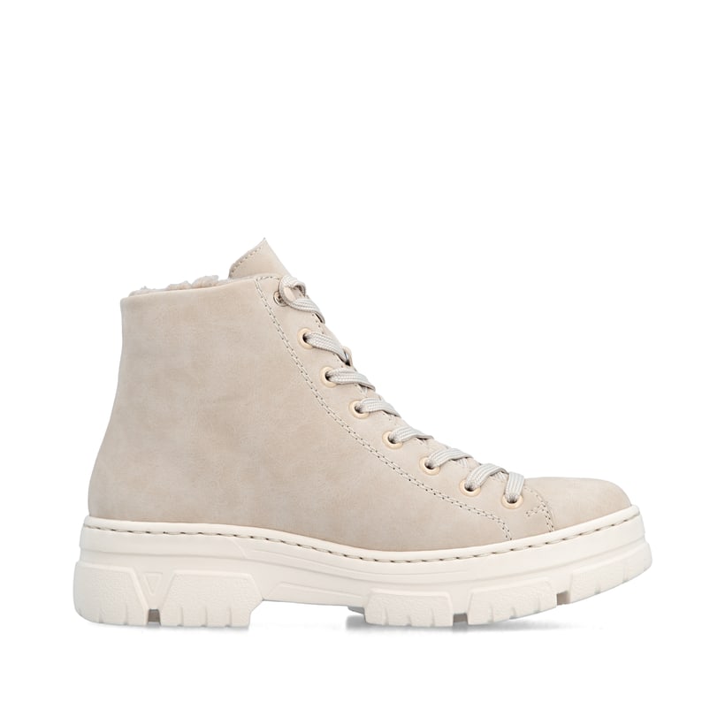 Hellbeige Rieker Damen Schnürstiefel Z7410-62 mit einem Reißverschluss. Schuh von hinten.