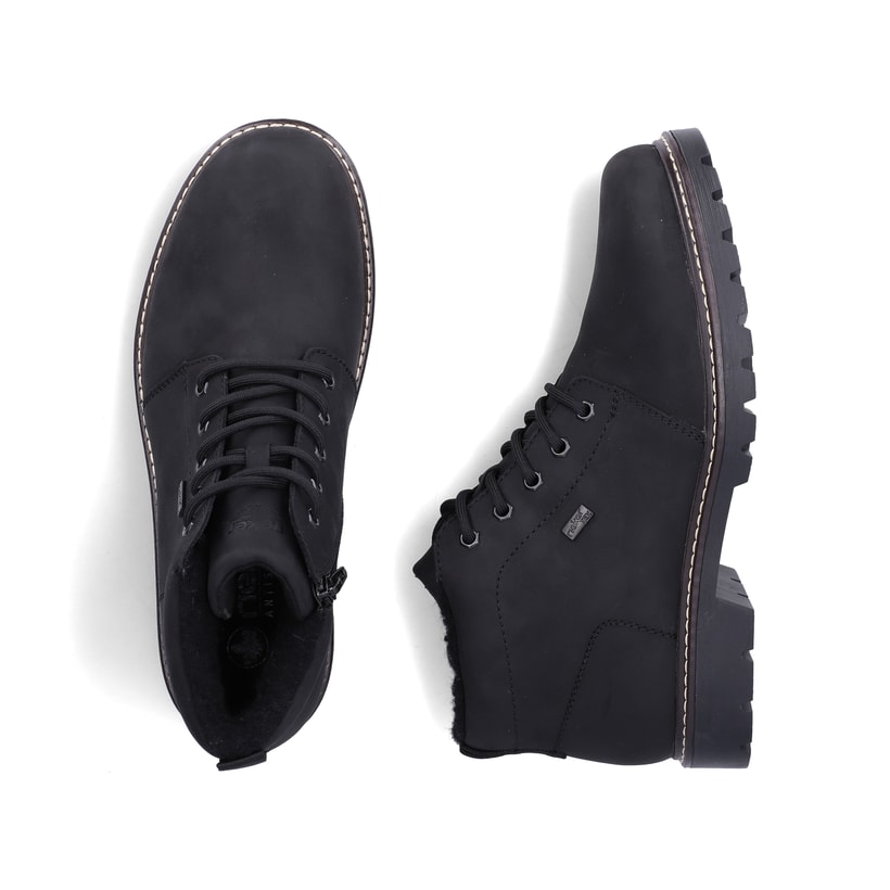 Schwarze Rieker Herren Schnürstiefel 39831-00 aus Rauleder. Schuh von oben, liegend.