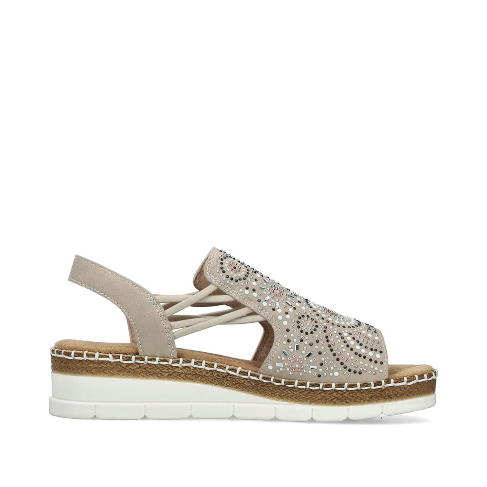 Beige Rieker Damen Sandalen V1246-62 mit Strasssteinen sowie einem Gummizug. Schuh Innenseite.