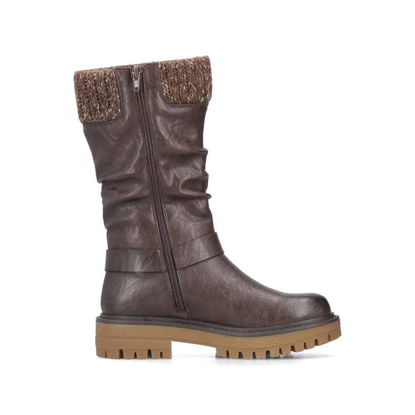 Dunkelbraune Rieker Damen Hochschaftstiefel 92984-25 mit modischer Faltenoptik. Schuh Innenseite.