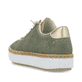 Grüne Rieker Damen Slipper M2952-52 mit Gummizug sowie gepolsterter Einlegesohle. Schuh von hinten.