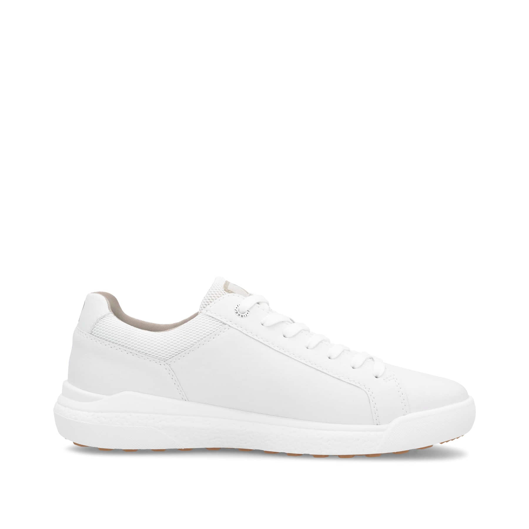 Baskets basses Rieker blanches homme U1100-80 en cuir lisse avec lacets. Côté intérieur de la chaussure.