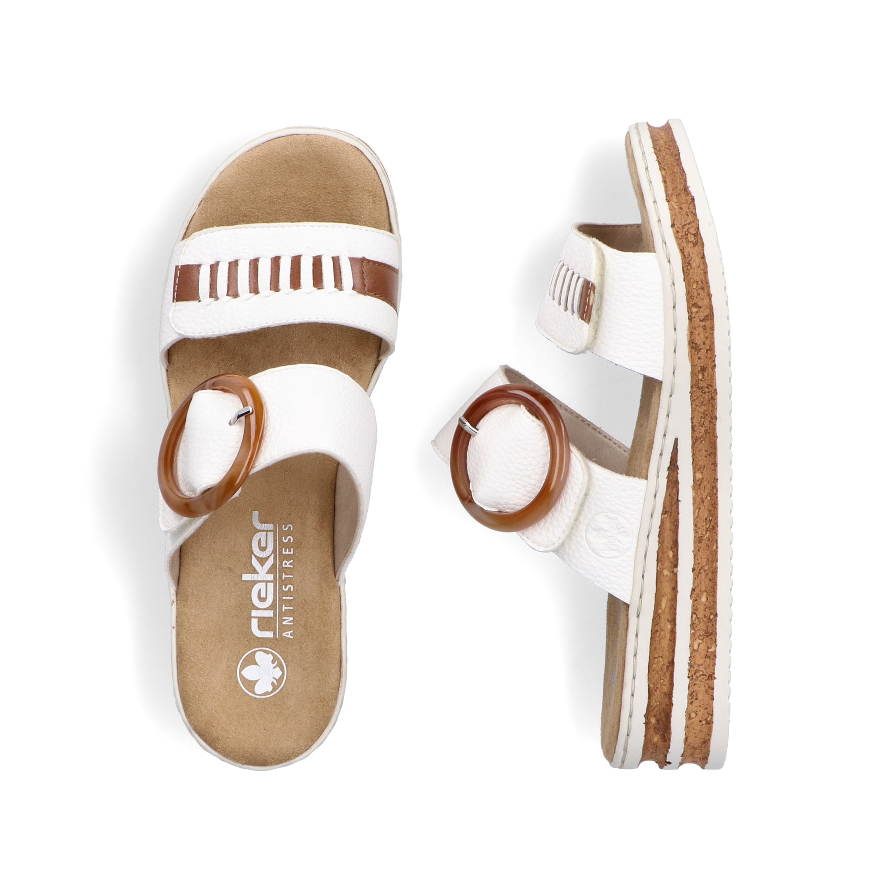 Weiße Rieker Damen Pantoletten 62993-80 mit trendigen Schnalle. Schuh von oben, liegend.