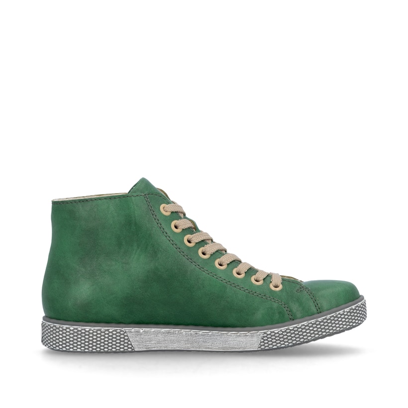 Hellgrüne Rieker Damen Schnürstiefel Z1221-53 mit schwarzen Nähten. Schuh von hinten.