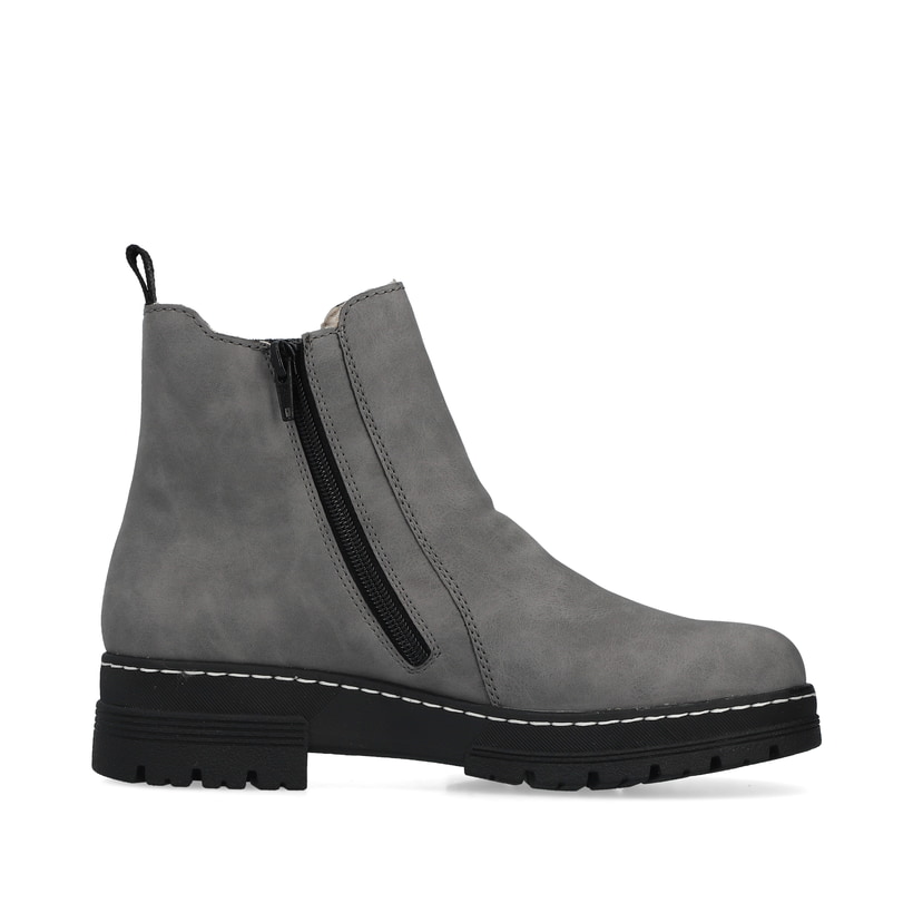 Hellgraue Rieker Damen Chelsea Boots 73892-42 mit einem Reißverschluss. Schuh Innenseite.