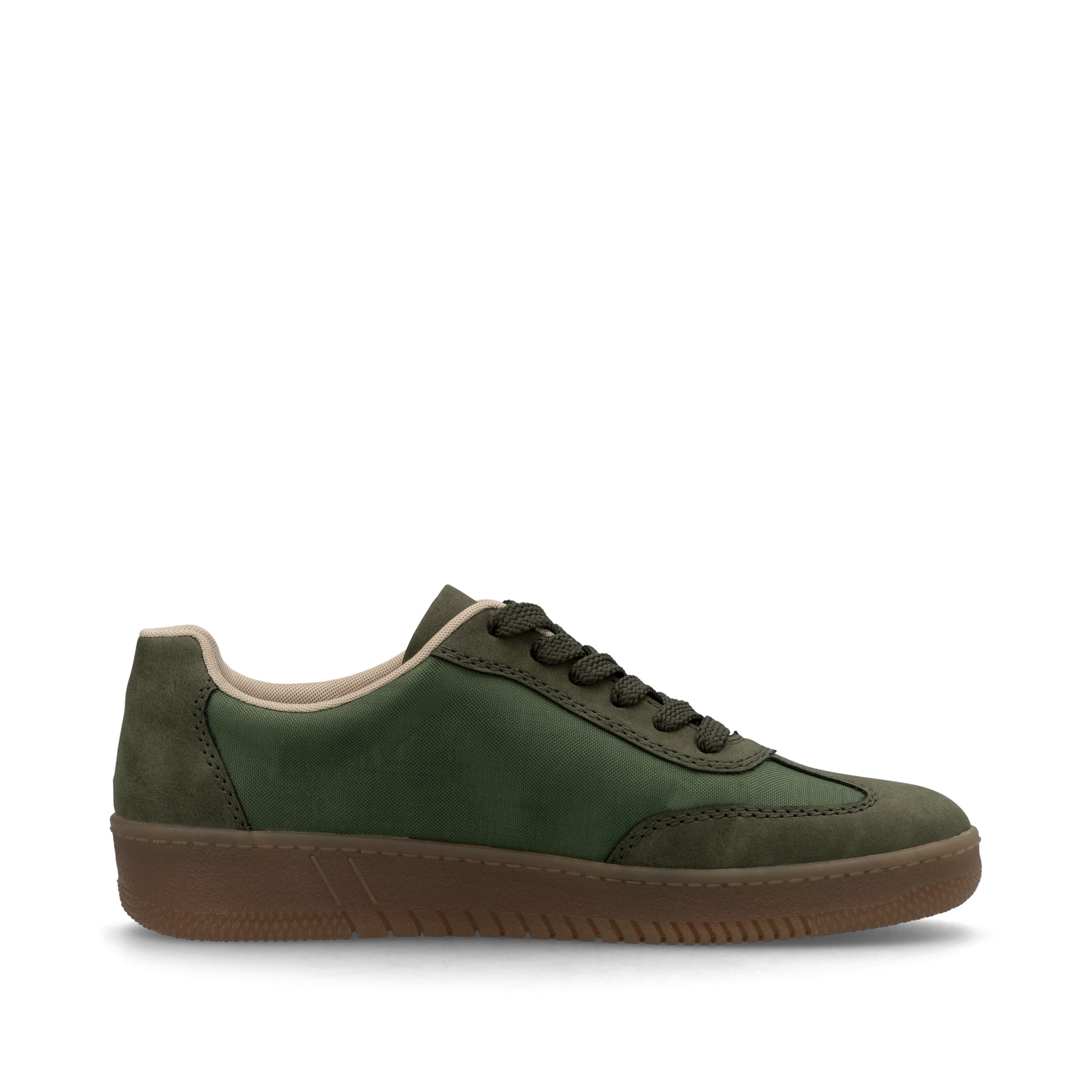 Grüne vegane Rieker Damen Sneaker Low M5512-54 mit einer Schnürung. Schuh Innenseite.