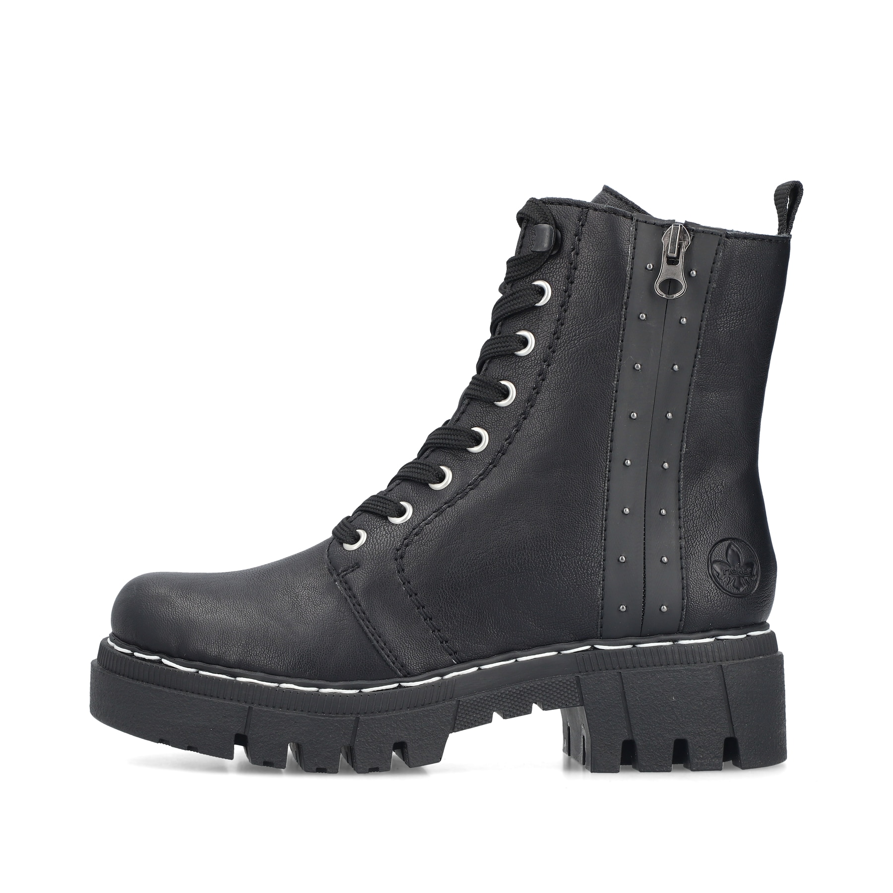 Schwarze Rieker Damen Biker Boots 74044-00 mit einem Reißverschluss. Schuh Außenseite.