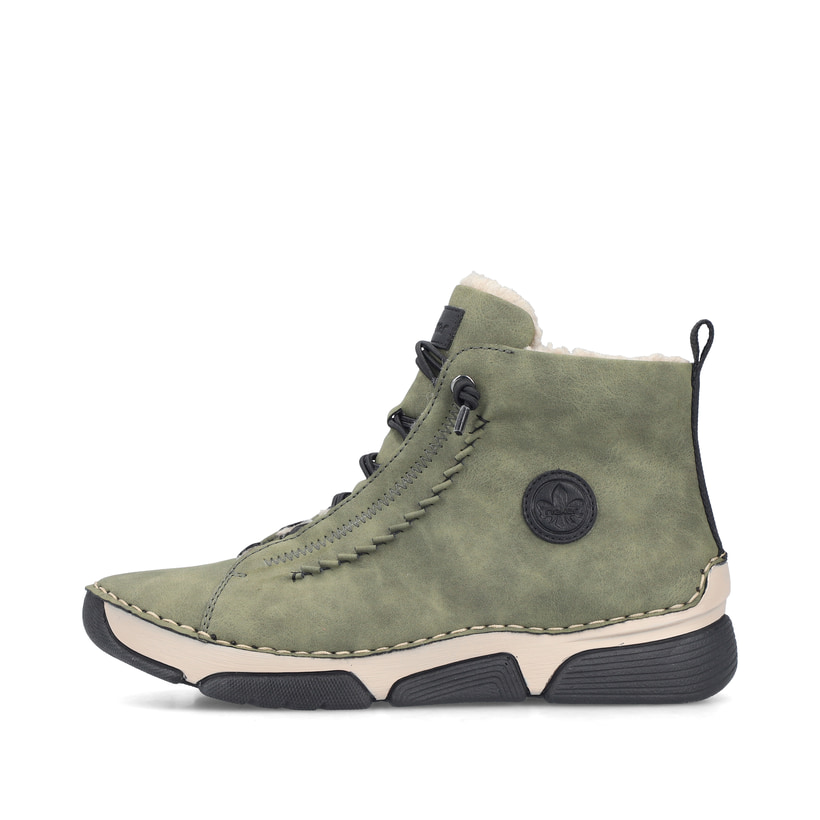 Khaki-schwarze Rieker Damen Schnürstiefel 45912-54 mit markanter Anflechter-Naht. Schuh Außenseite.