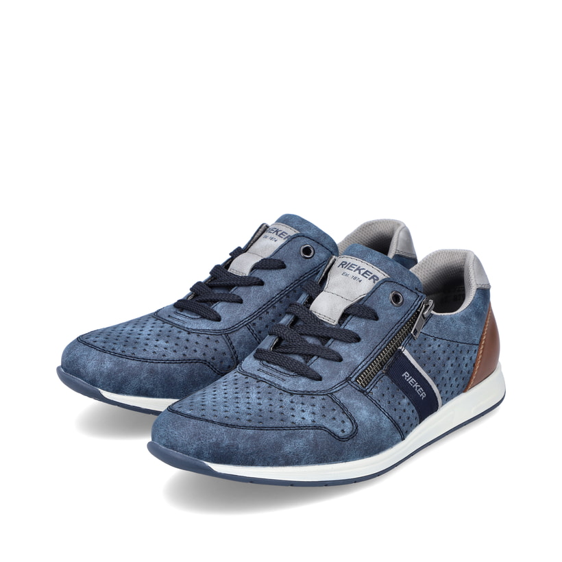 Blaue Rieker Herren Schnürschuhe 11926-14 mit Reißverschluss sowie Löcheroptik. Schuhpaar seitlich schräg.