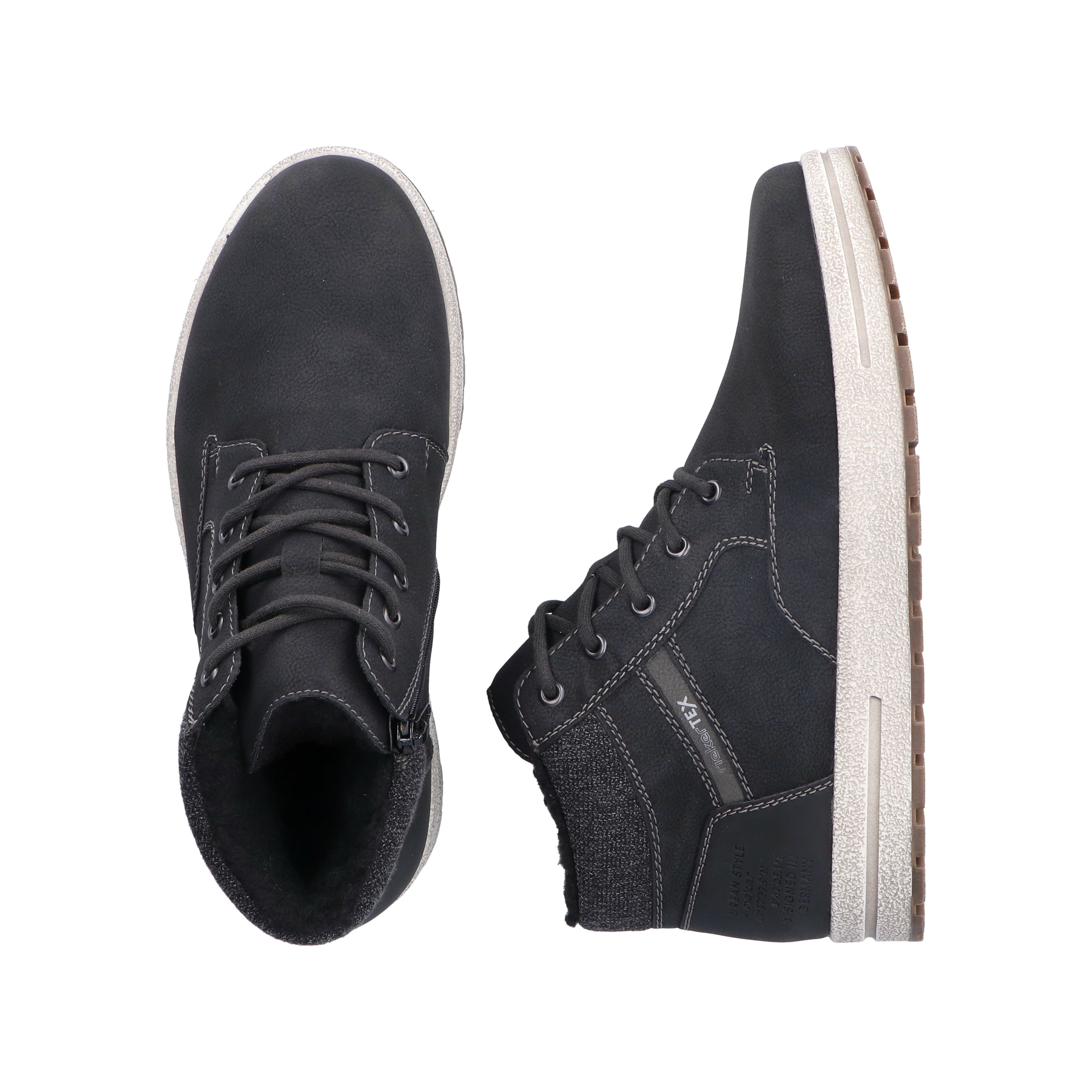 Schwarze Rieker Herren Schnürstiefel 30741-00 mit wasserabweisender TEX-Membran. Schuh von oben, liegend.