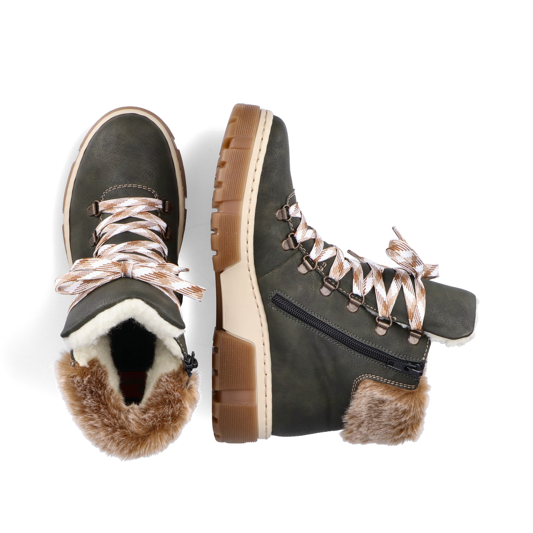 Bottes à lacets Rieker vertes pour femme X8647-54 avec tige en fourrure. Chaussure vue de dessus, couchée.