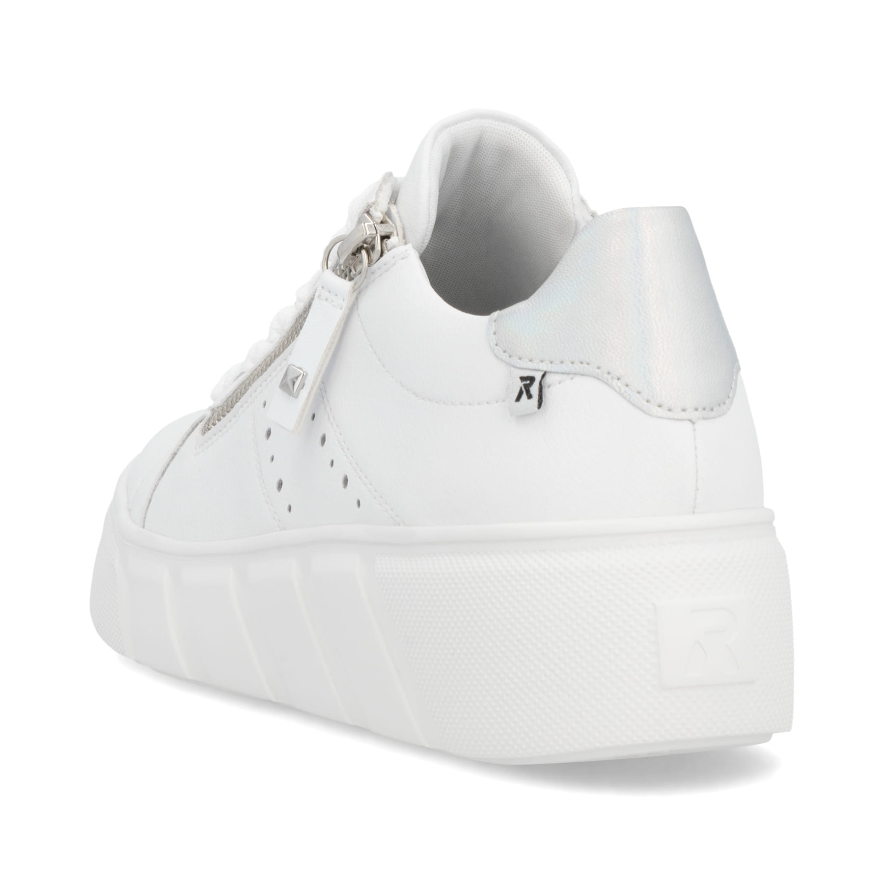 Weiße Rieker Damen Sneaker Low W2605-80 mit einem Reißverschluss. Schuh von hinten.