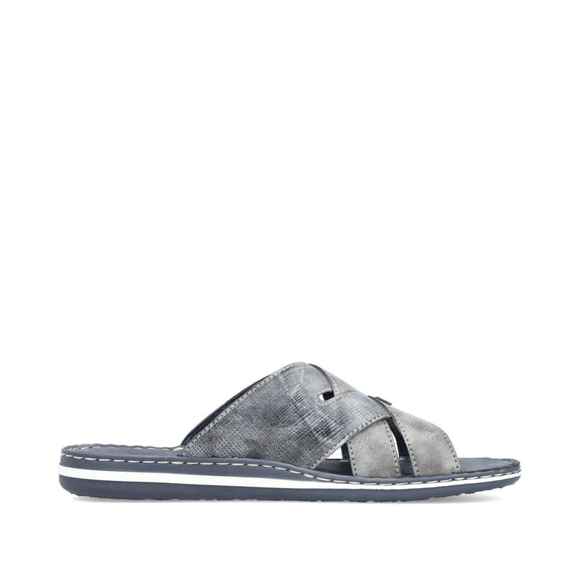 Mules Rieker bleues pour homme 21062-15 avec coutures modernes élégantes. Côté intérieur de la chaussure.