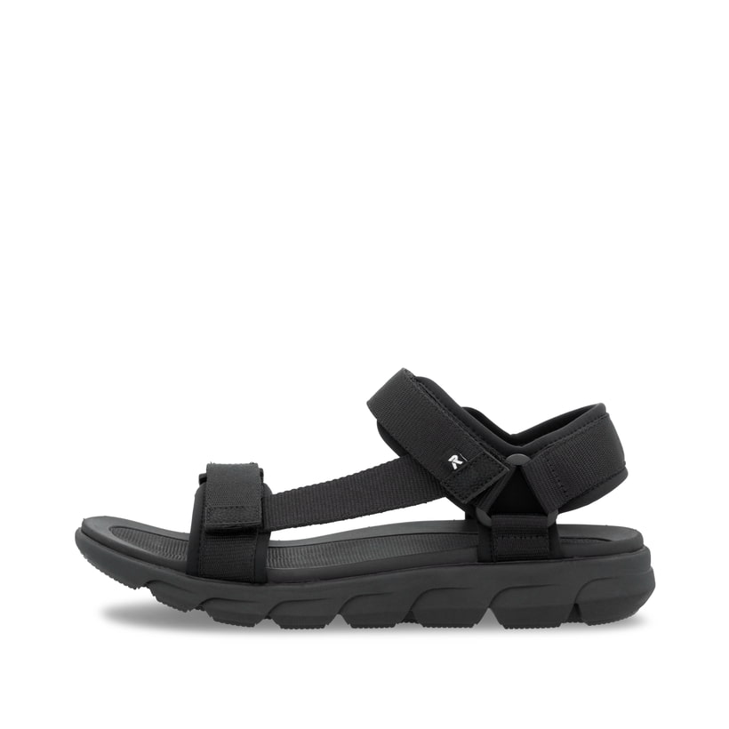 Schwarze waschbare Rieker Herren Trekkingsandalen 20850-00 mit Klettverschluss. Schuh Außenseite.