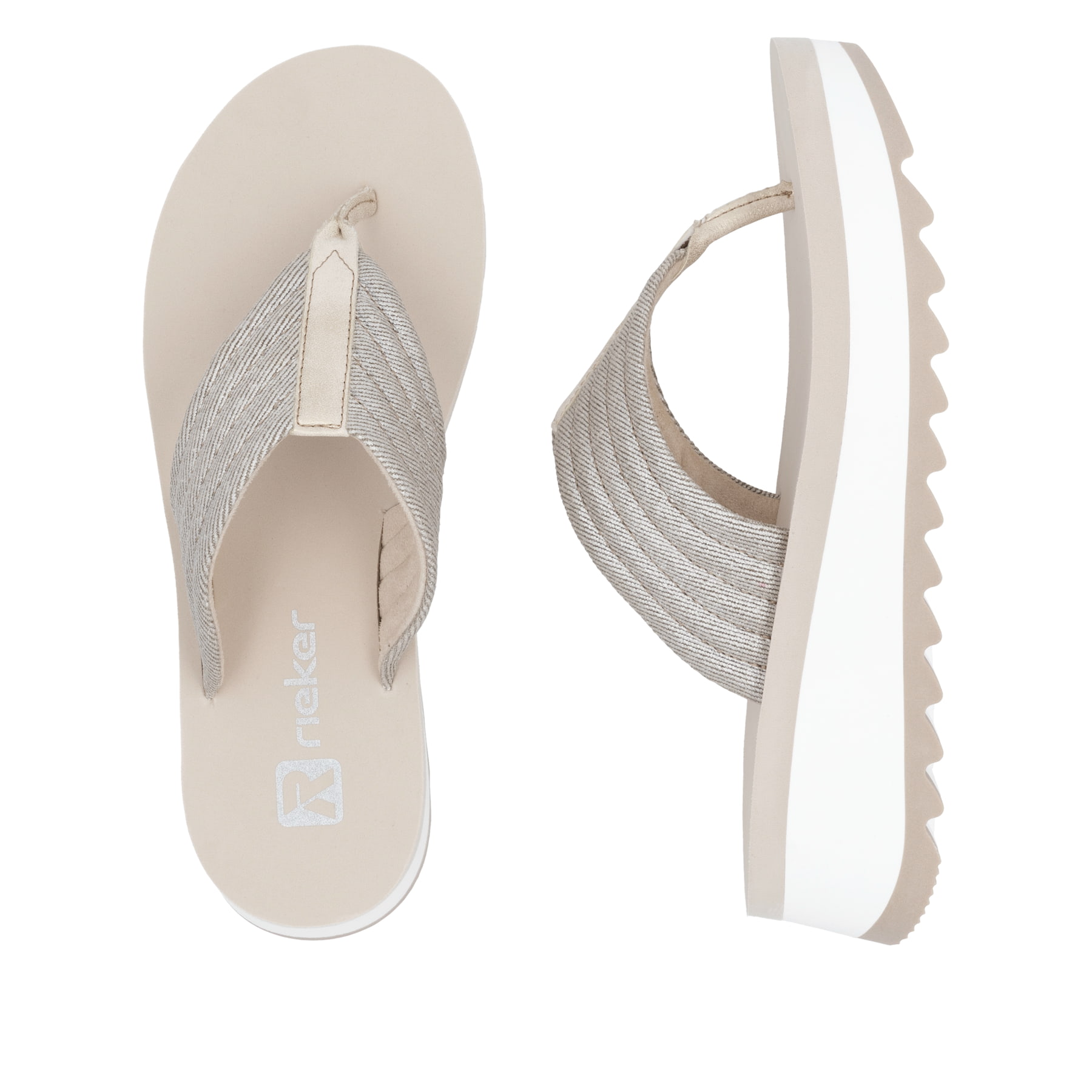 Beige vegane Rieker Damen Zehentrenner W3054-60 mit griffiger und leichter Sohle. Schuh von oben, liegend.