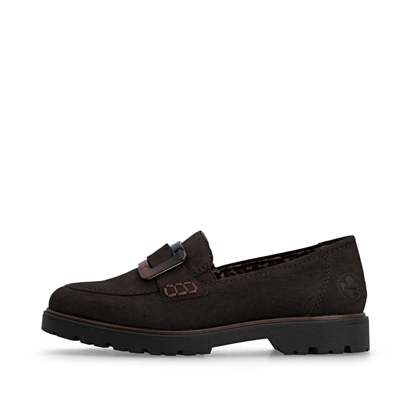 Dunkelbraune Rieker Damen Loafer 45553-25 mit Schmuckelementen sowie Gummizug. Schuh Außenseite.