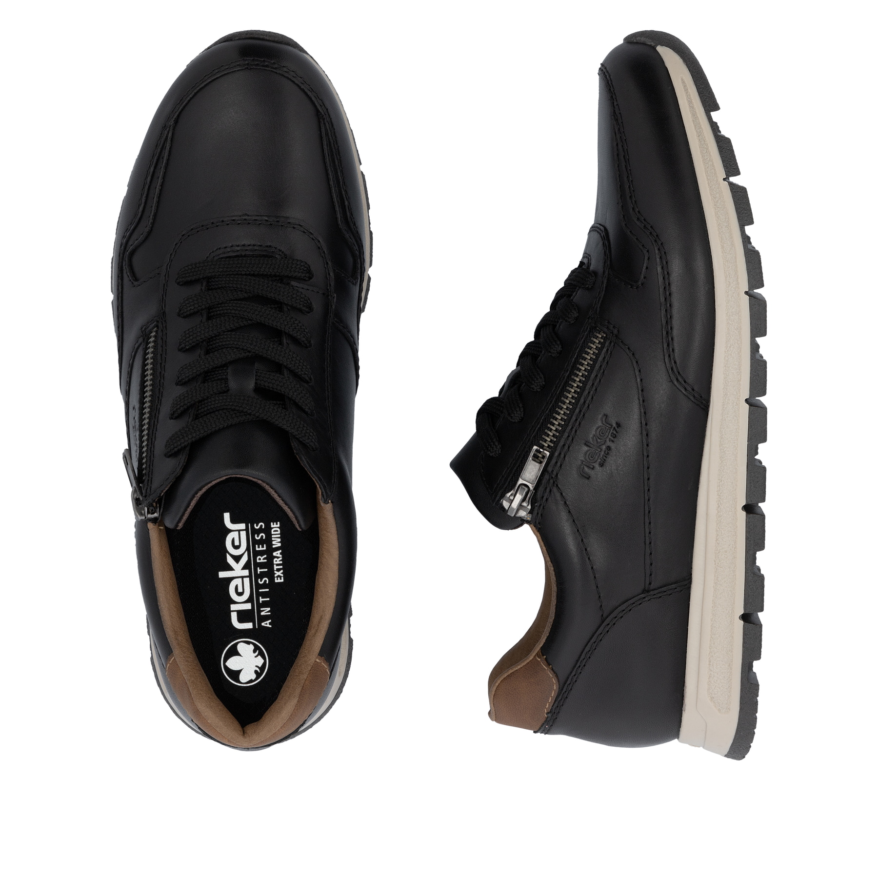 Baskets basses Rieker noires pour homme B0504-00 avec fermeture éclair. Chaussure vue de dessus, couchée.