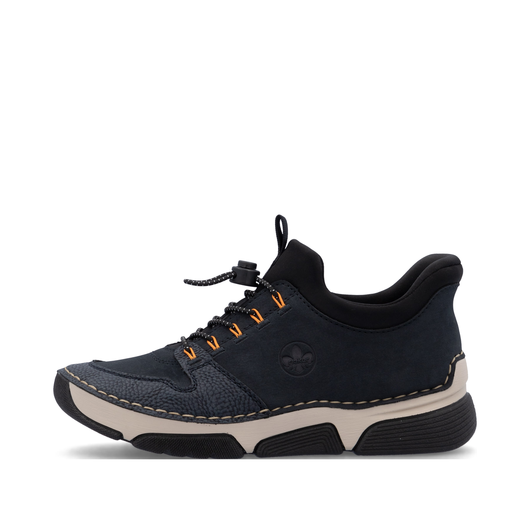 Dunkelblaue Rieker Damen Slipper 45963-14 mit easy Hineinschlüpf-Möglichkeit. Schuh Außenseite.