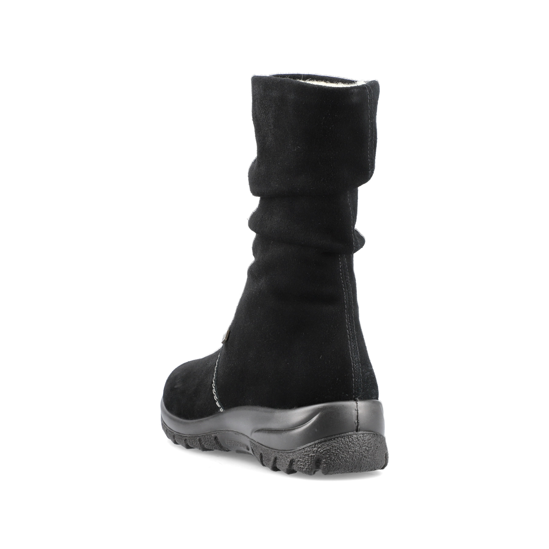 Tiefschwarze Rieker Damen Kurzstiefel Z68M1-01 mit einer schockabsorbierenden Sohle. Schuh seitlich schräg