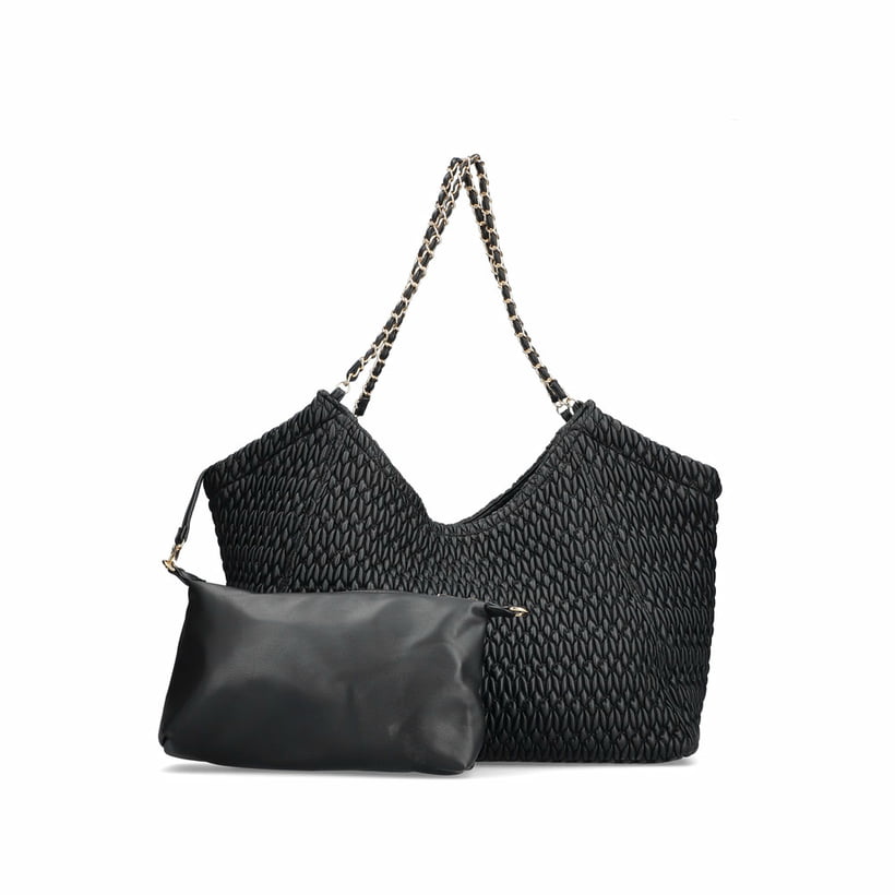 Rieker Umhängetasche H2025-00 in Schwarz mit goldenen Details und Magnetknopf zum Verschließen. Vorderseite.