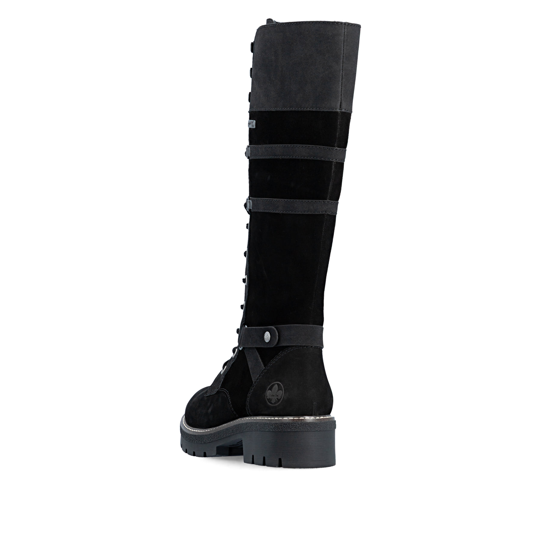 Schwarze Rieker Damen Hochschaftstiefel Y8101-00 aus Rauleder. Schuh von hinten.