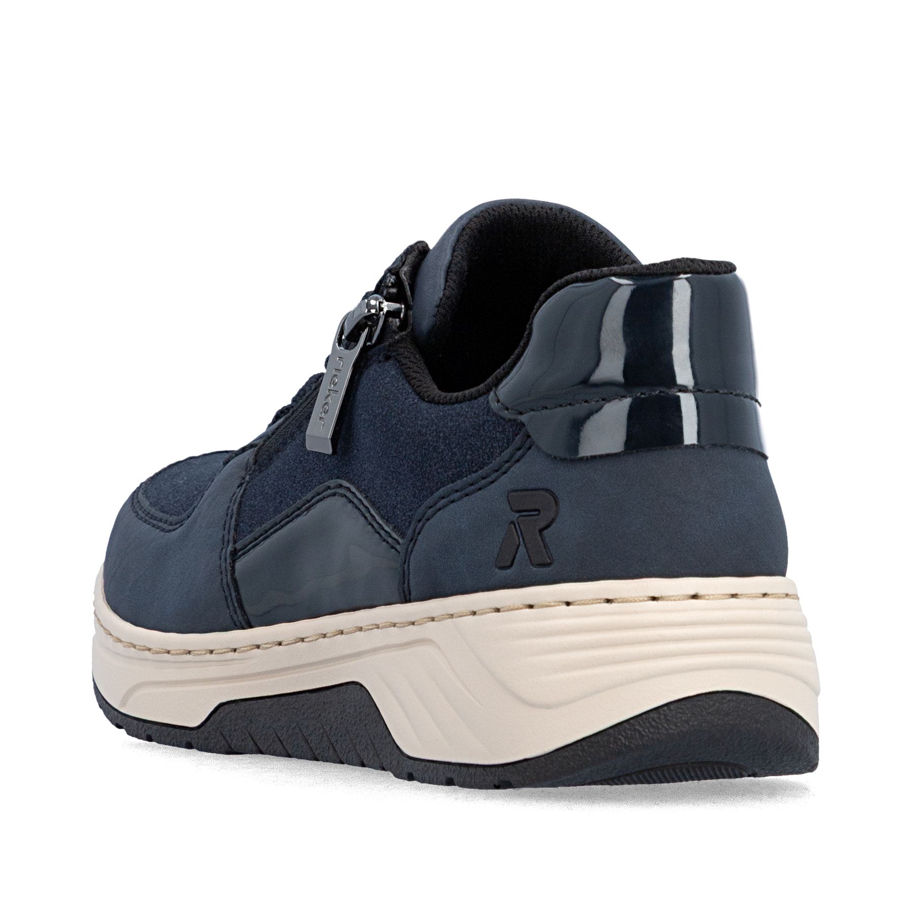 Dunkelblaue Rieker Damen Sneaker Low 53101-15 mit einem Reißverschluss. Schuh von hinten.