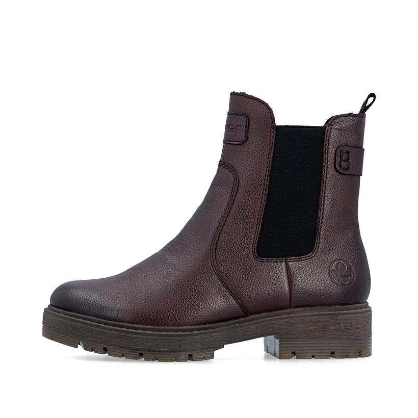 Dunkelrote Rieker Damen Chelsea Boots 75860-35 aus Glattleder mit Reißverschluss. Schuh Außenseite.