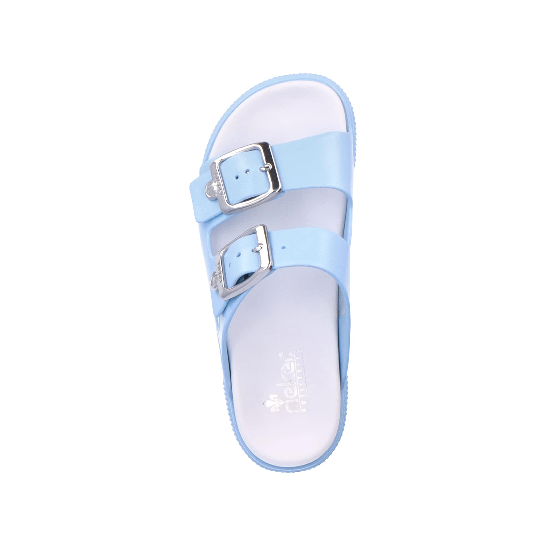 Blaue Rieker Damen Pantoletten P2180-10 mit Schnallen sowie ultraleichter Sohle. Schuh von oben.