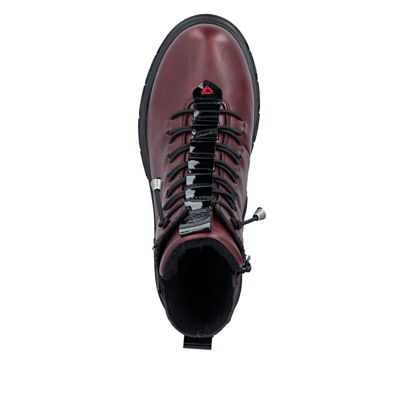 Weinrote Rieker Damen Biker Boots Z9152-35 mit Deko-Reißverschluss. Schuh von oben.