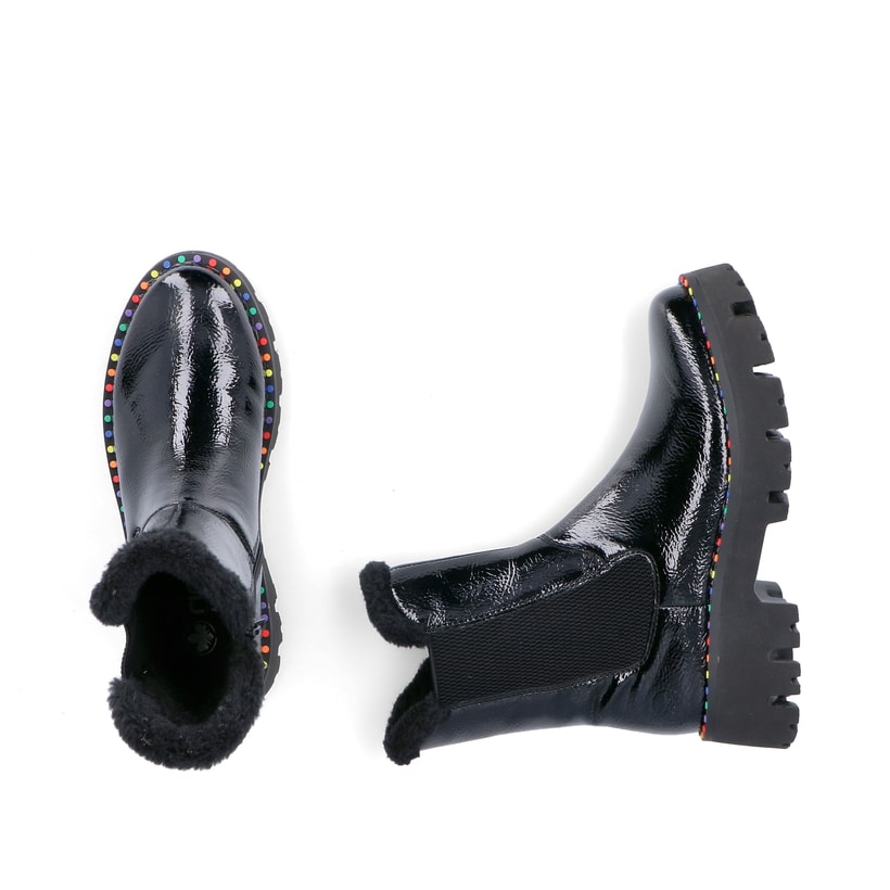 Schwarze Rieker Damen Chelsea Boots Y3350-00 mit einem Reißverschluss. Schuh von oben, liegend.