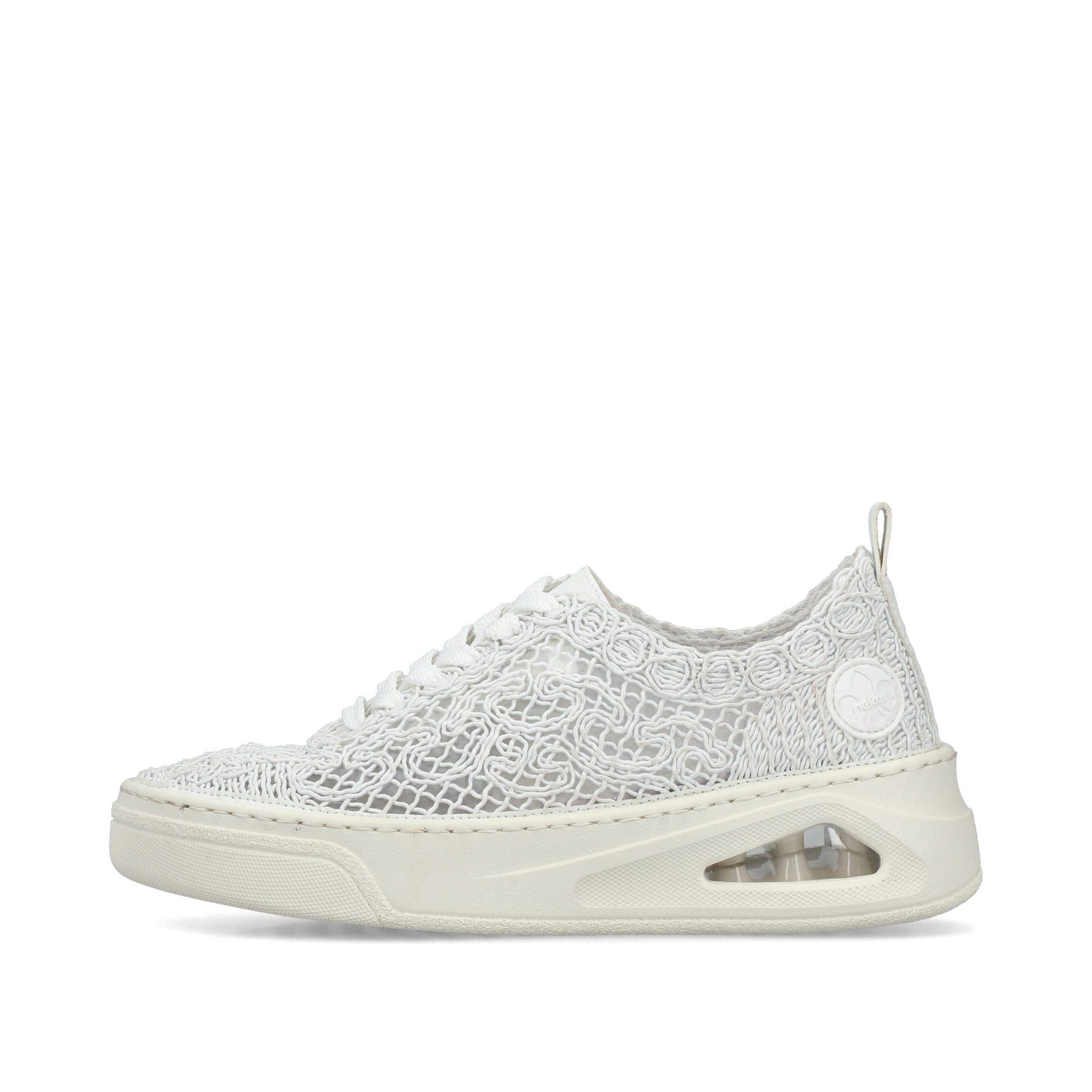 Weiße Rieker Damen Sneaker Low N6409-80 mit Rieker Air Sohlenfenster. Schuh Außenseite.