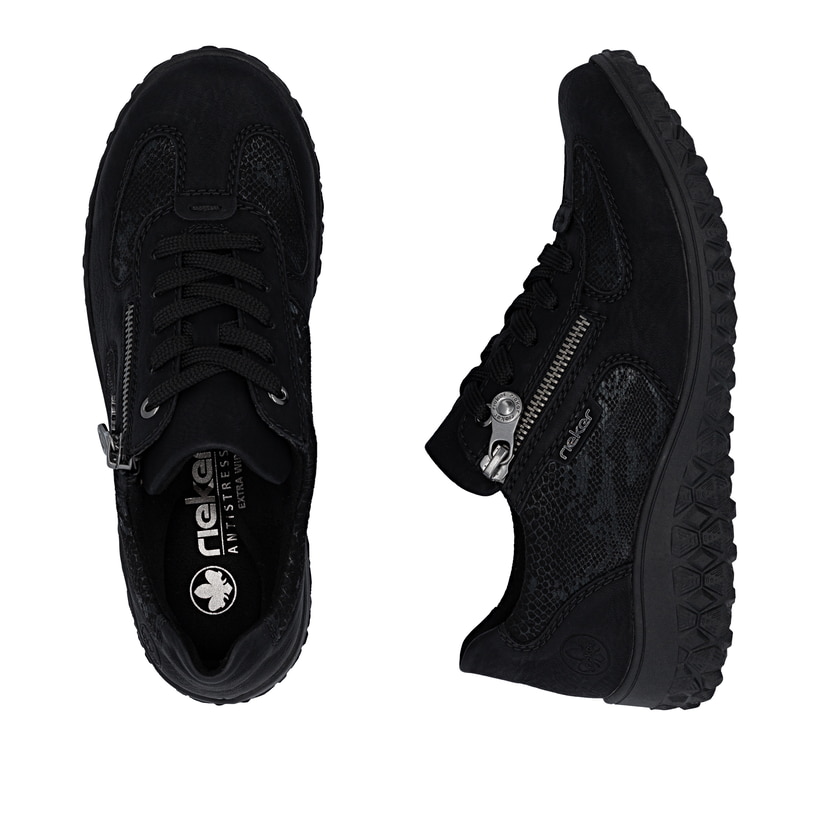 Baskets basses Rieker noires pour femmes 59501-00 avec fermeture éclair. Chaussure vue de dessus, couchée.