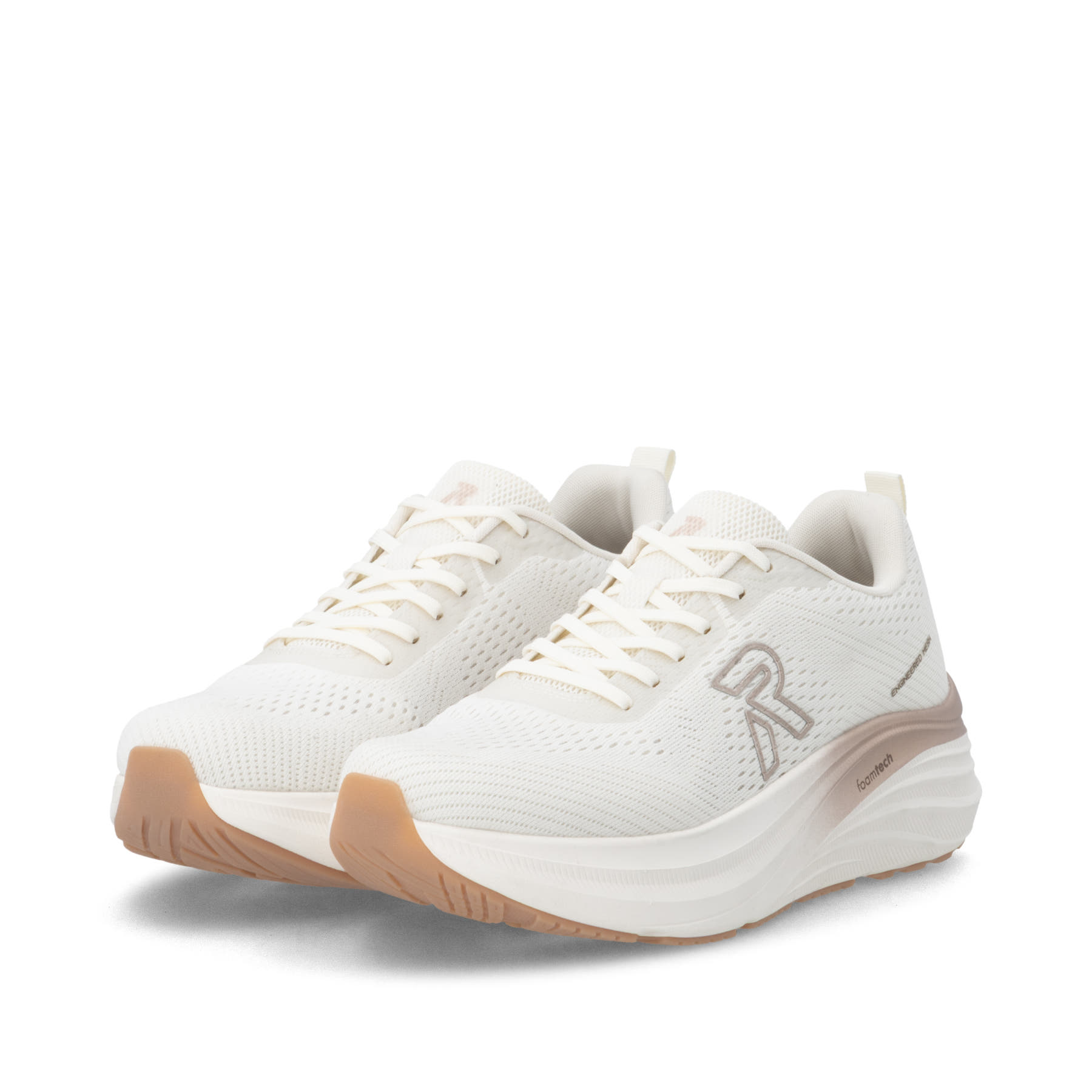 Weisse Rieker Sport Damen Sneaker Low W4101-80. Schuhpaar seitlich schräg.