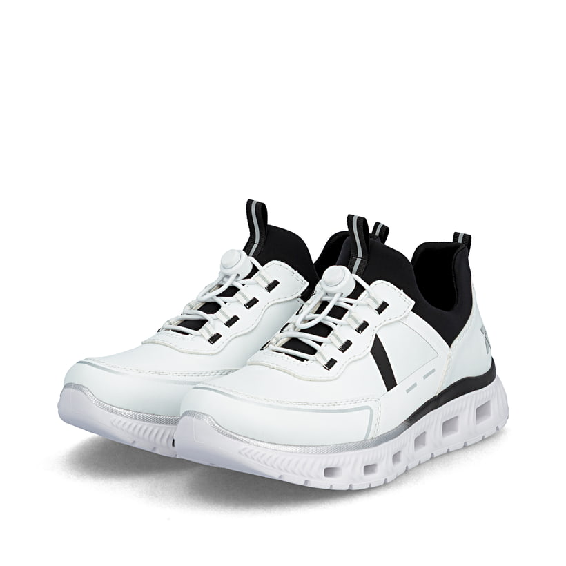 Baskets basses Rieker blanches végétaliennes pour femme M6062-80. Chaussures inclinées sur le côté.