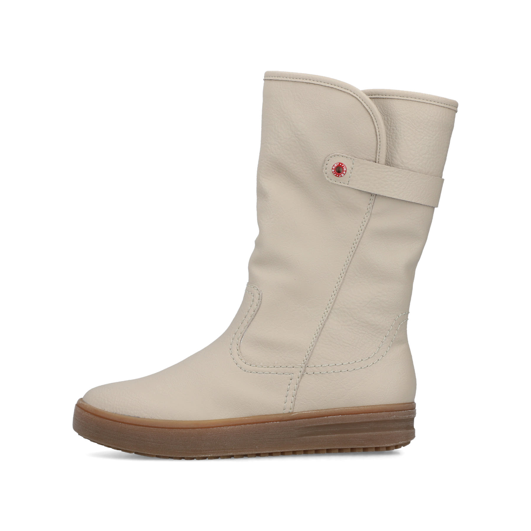 Cremefarbene Rieker Damen Kurzstiefel L2580-60 mit einem Reißverschluss. Schuh Außenseite.