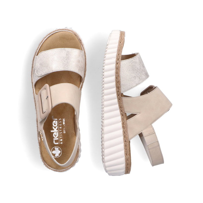 Beige Rieker Keilsandaletten 69260-60 mit trendiger Schnalle. Schuh von oben, liegend.