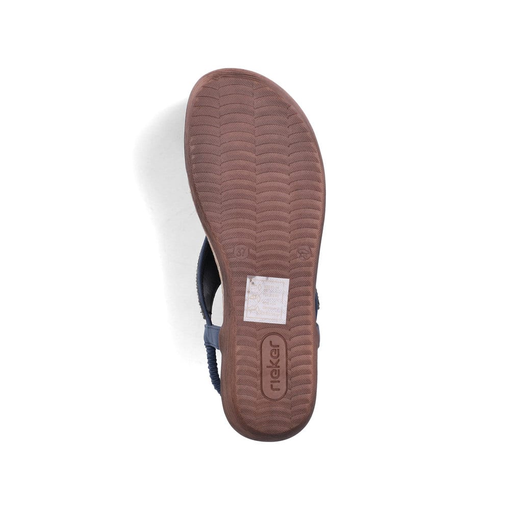 Blaue Rieker Damen Zehentrenner V7561-14 mit modischen Flechtelementen. Schuh Laufsohle.