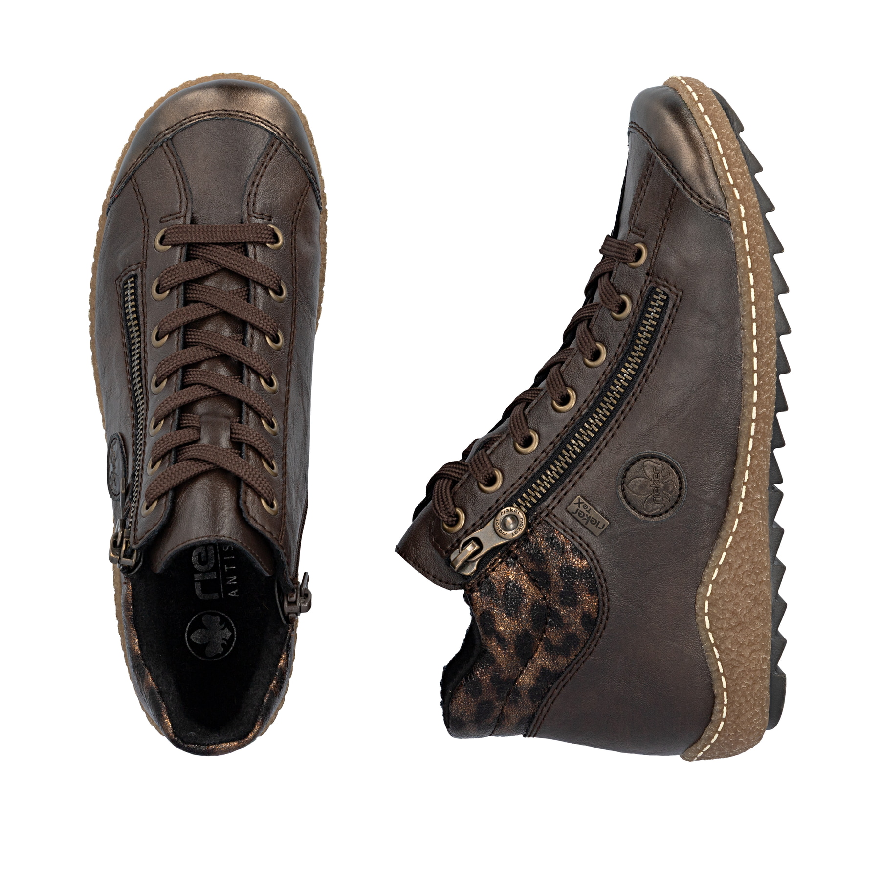 Dunkelbraune Rieker Damen Kurzstiefel L7514-25 mit wasserabweisender TEX-Membran. Schuh von oben, liegend.