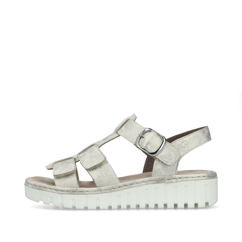 Beige Rieker Keilsandaletten V1361-60 mit einem Klettverschluss. Schuh Außenseite.