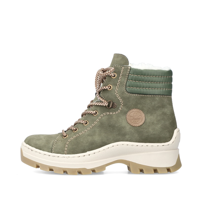 Laubgrüne Rieker Damen Schnürstiefel X9334-54 mit Schnürung und Reißverschluss. Schuh Innenseite