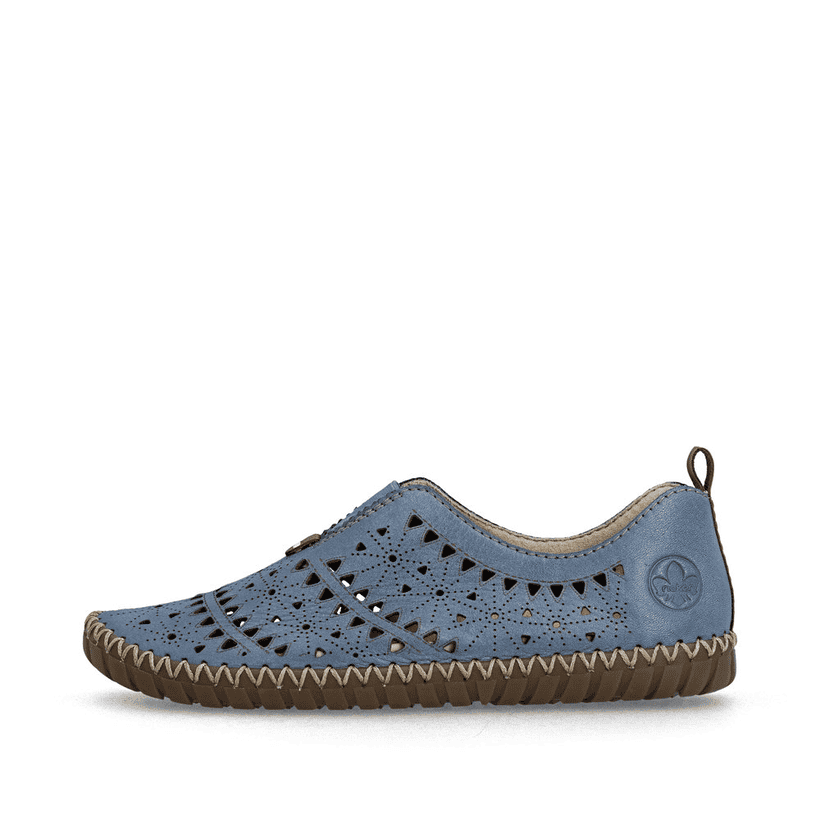 Blaue Rieker Damen Slipper M2852-12 aus Glattleder, Barfußschuhe. Schuh Außenseite.