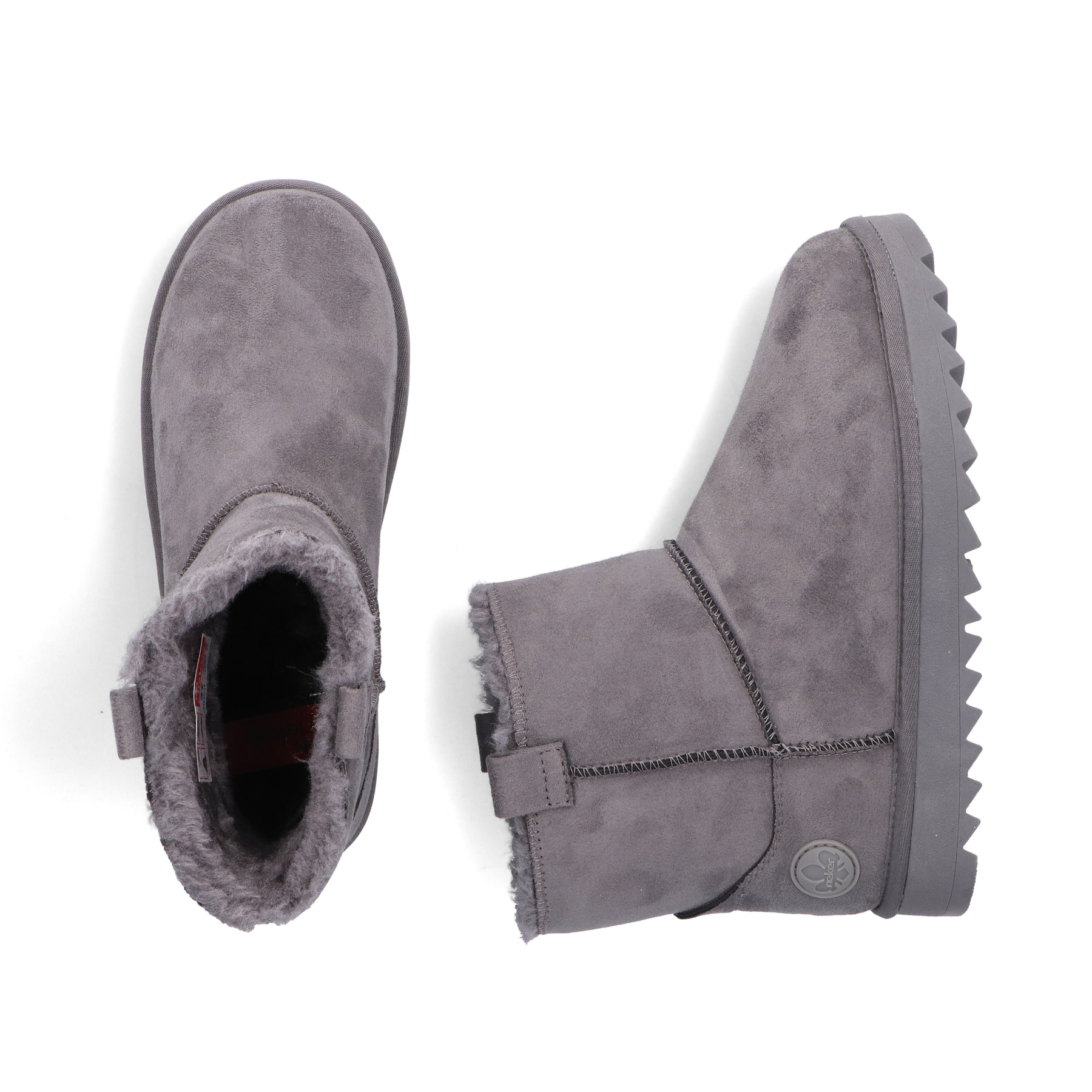 Graue Rieker Damen Kurzstiefel 99870-45 mit Fellschaftrand sowie Komfortweite G. Schuh von oben, liegend.